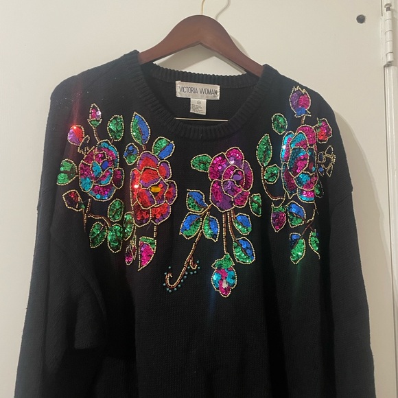 Vintage 80s/90s Victoria Woman Oversized Floral Sequin Sweater Size 2X - Picture 5 of 5